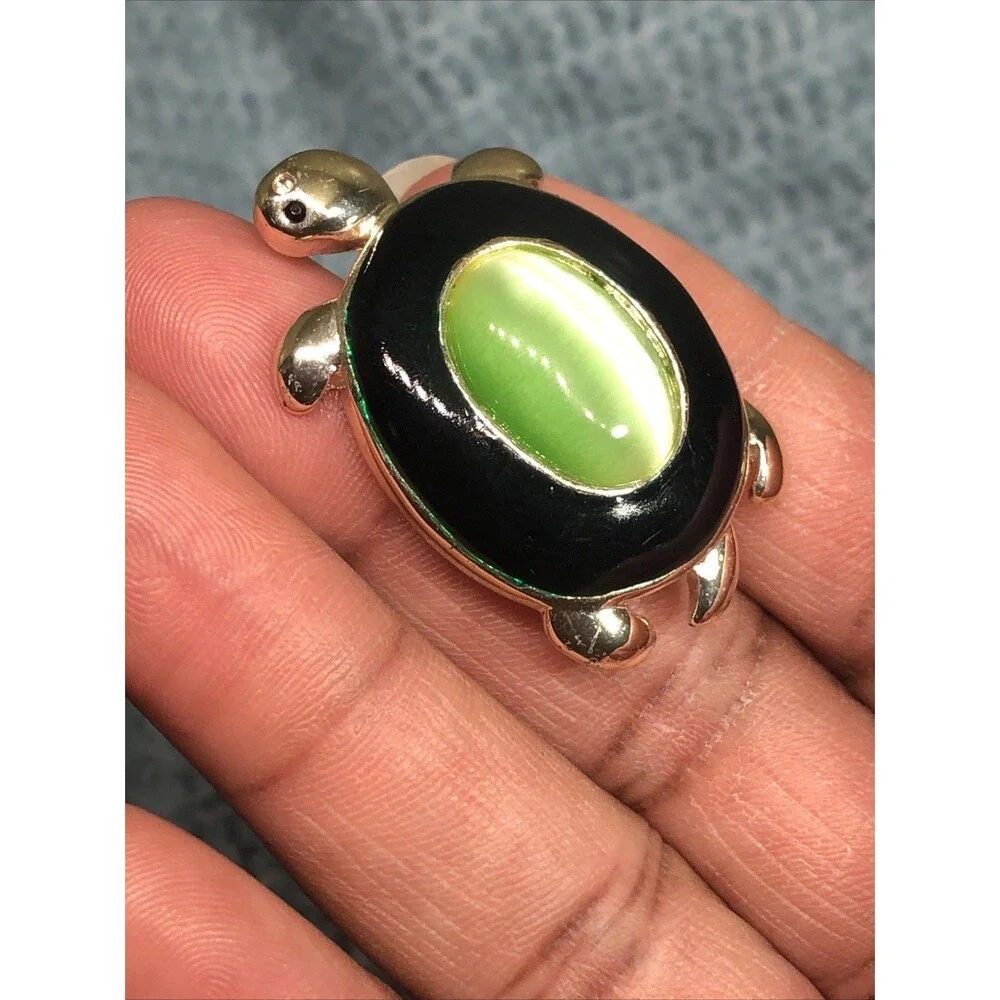 Vintage Avon Turtle Brooch Black Enamel Green Cats Eye Cabochon Center Stone